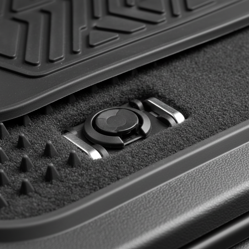 Close-up of car floor mat retention clips and anti-slip nibs for safety