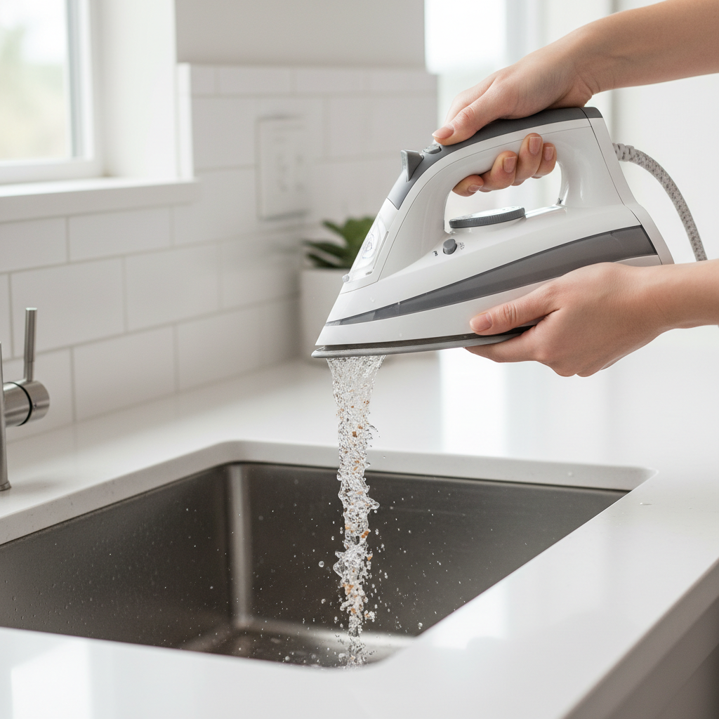 Hands using self-clean function on a steam iron over a sink to remove mineral buildup