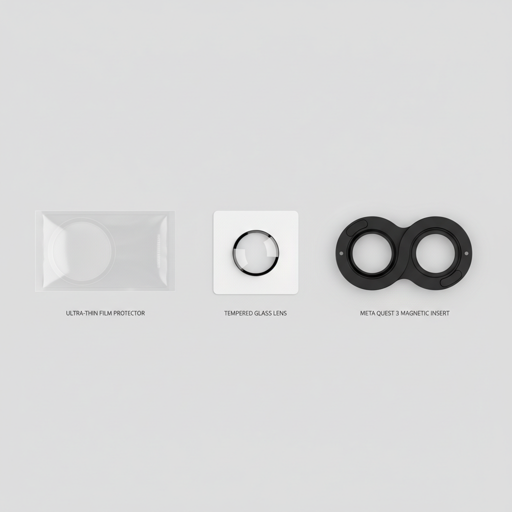 Comparison of VR lens film protector, tempered glass protector, and magnetic lens inserts for Quest 3