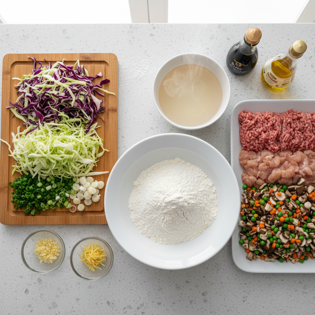 Momo ingredients laid out on a countertop including flour, cabbage, scallions, garlic, and ginger