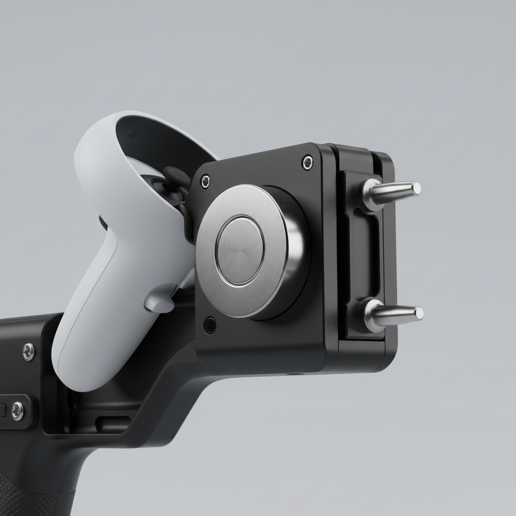 Close-up of magnetic quick-release VR gun stock controller mount