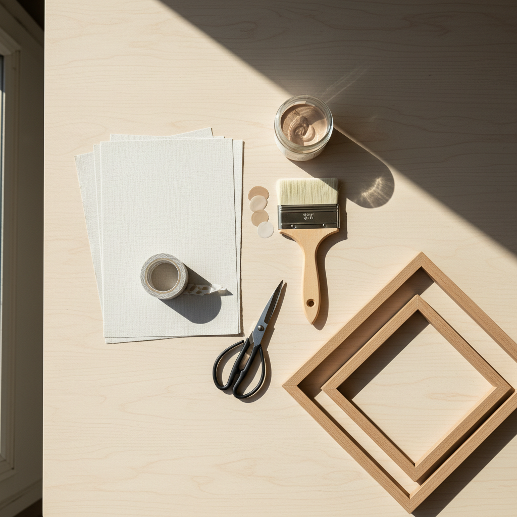 Minimal DIY wall art materials on table for living room decor