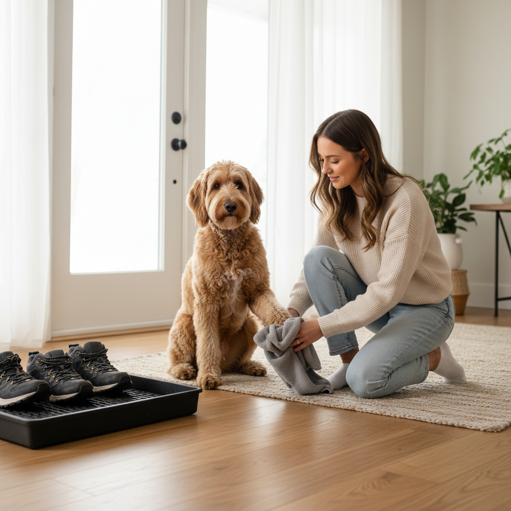 Owner wiping dog paws at the entryway after a walk