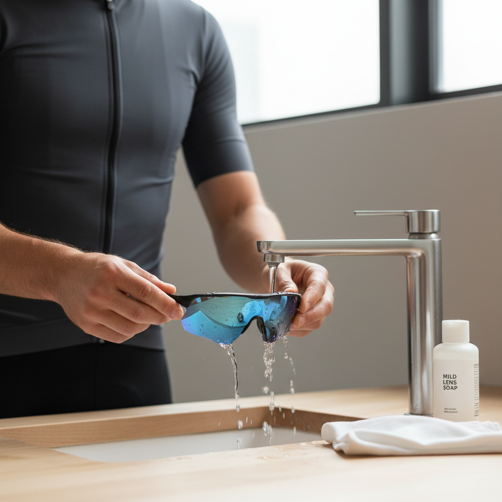 Cyclist cleaning sunglasses lenses with water and microfiber cloth