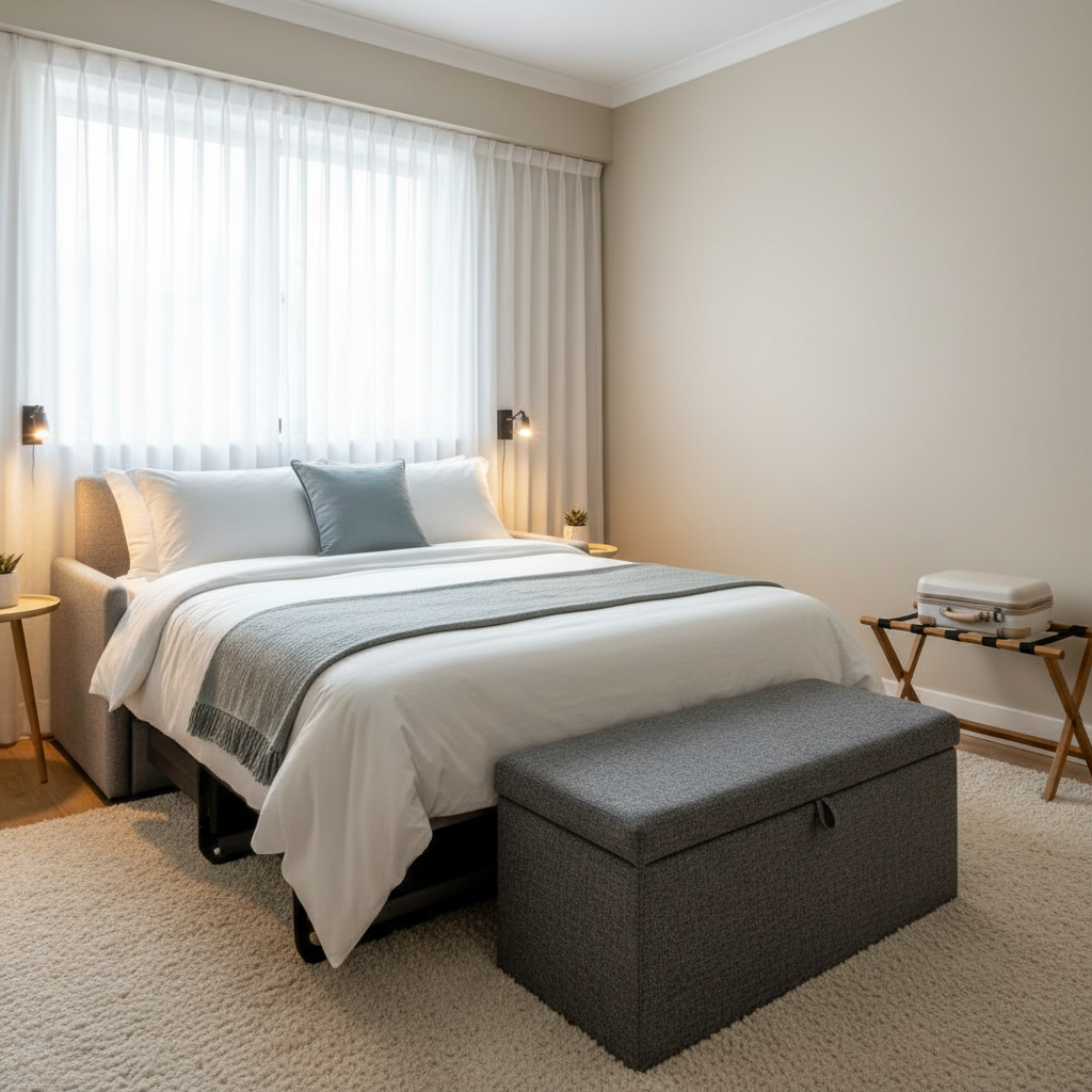 Pull out couch guest room setup with storage ottoman and compact lighting