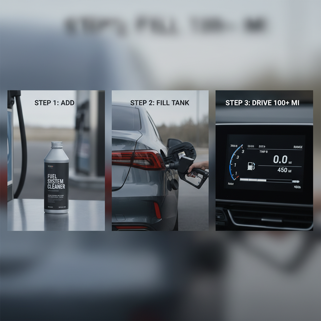 Step-by-step using fuel system cleaner with measuring and refueling