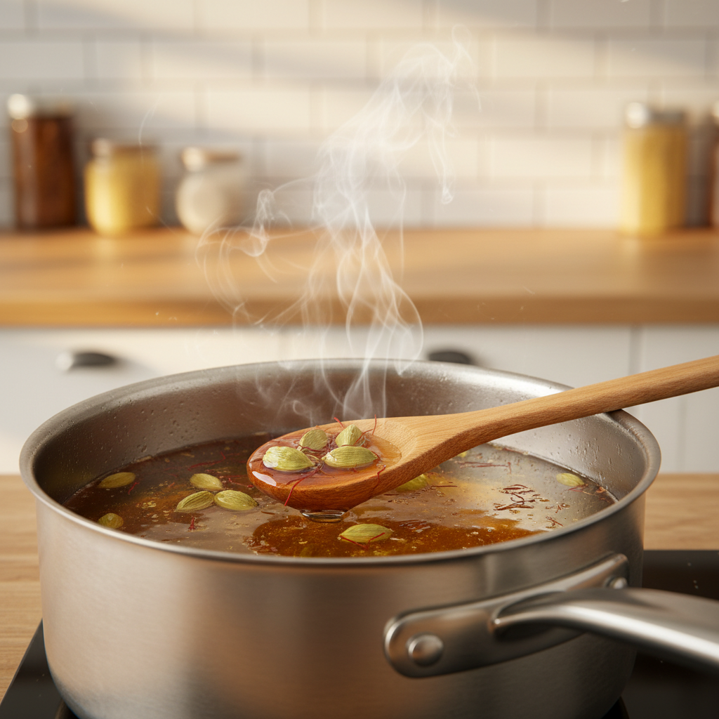 Warm cardamom sugar syrup for gulab jamun in a saucepan