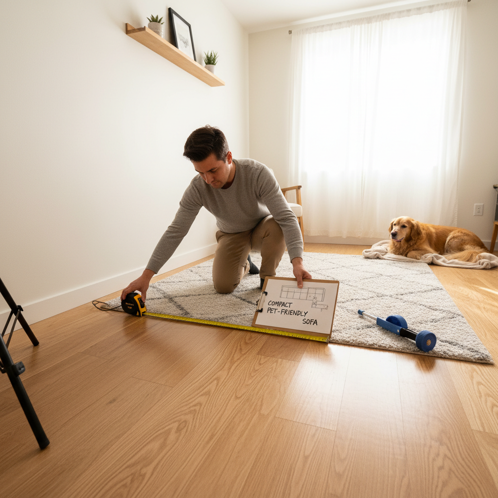 Measuring a small living room for a compact pet friendly couch layout
