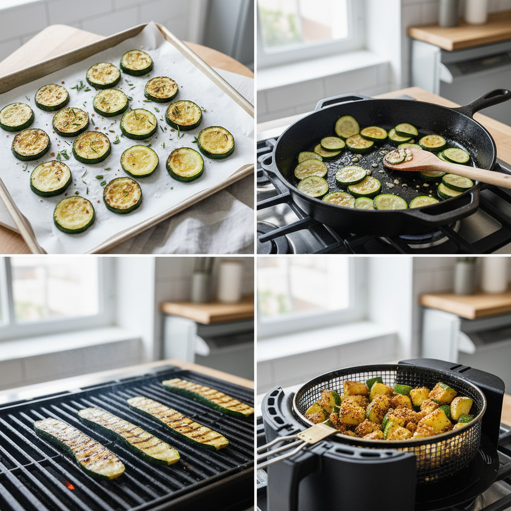 Cook choosing between roasting, sautéing, grilling, and air frying zucchini