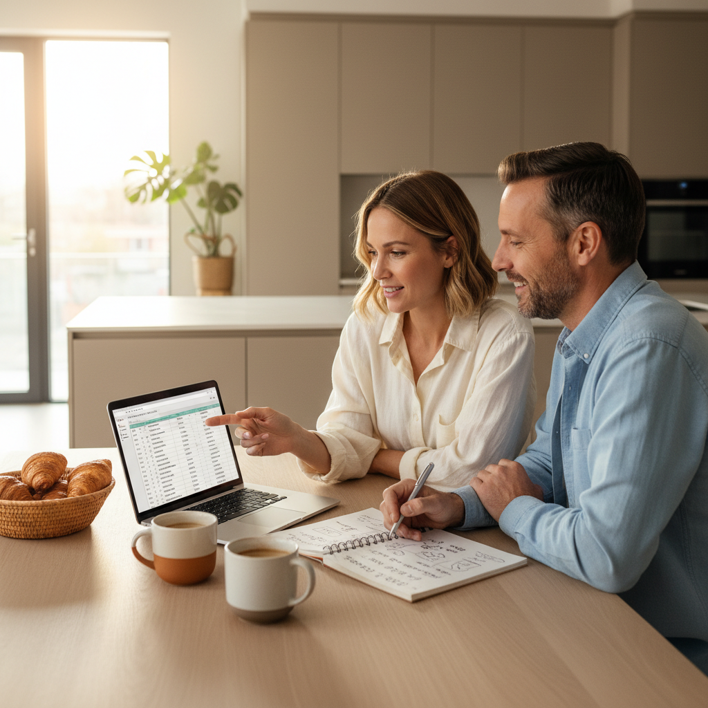 Couple comparing summer destinations on a laptop with notes and coffee