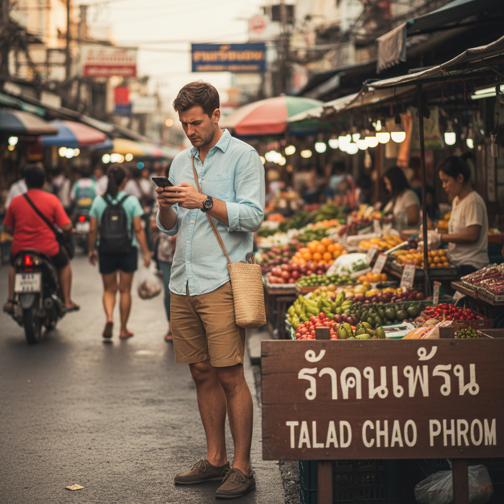 Tourist checking a map in Bangkok while staying alert to scams