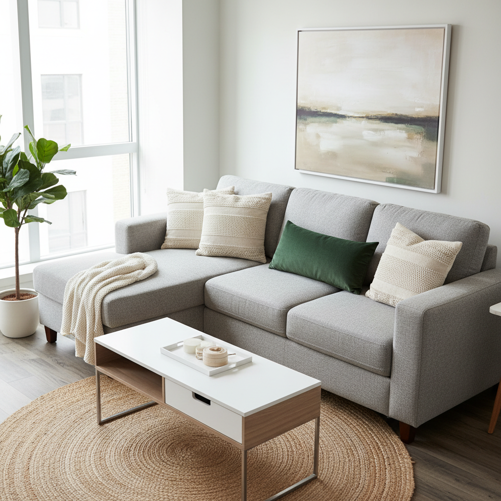 Compact sectional styled with a minimal throw pillow arrangement for a small living room