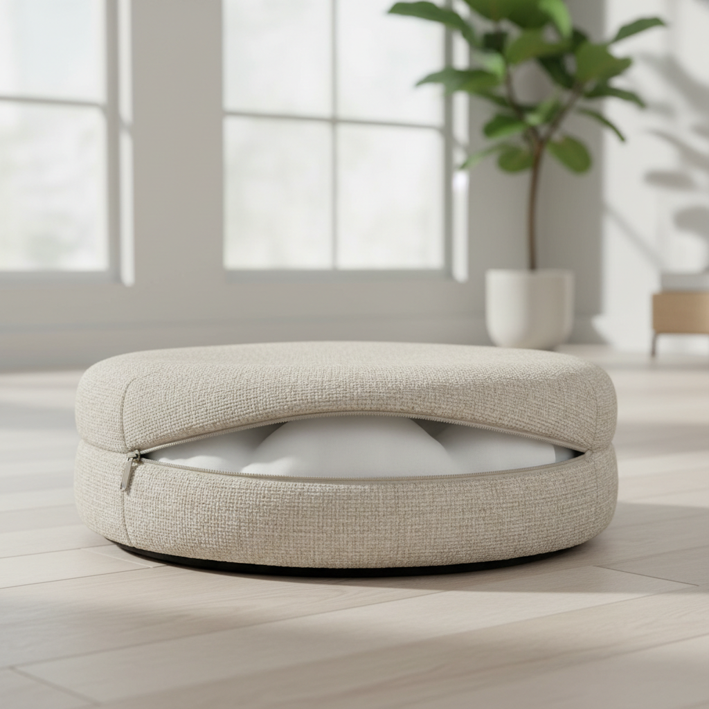 Washable cat bed with removable cover and zipper on a clean floor