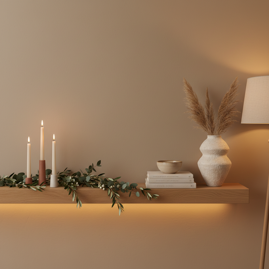 Neutral seasonal mantel decor swap with greenery and candles