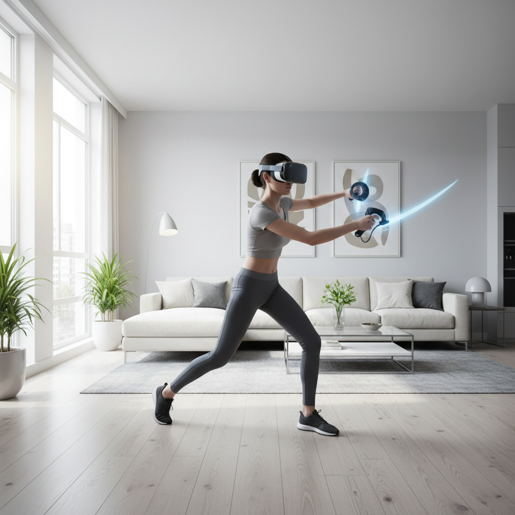 Player in VR headset practicing sword combat in a spacious room