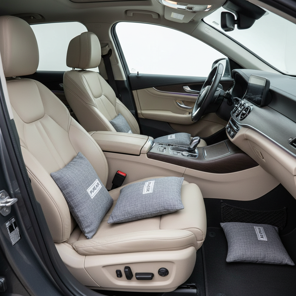 Activated charcoal bags placed in a car to absorb smoke smell
