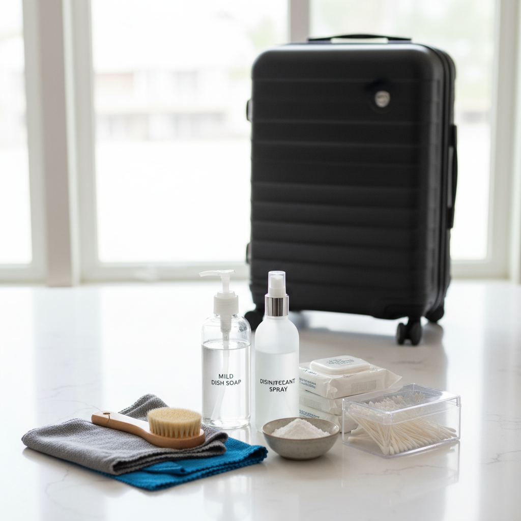 Cleaning supplies laid out to clean luggage inside and out