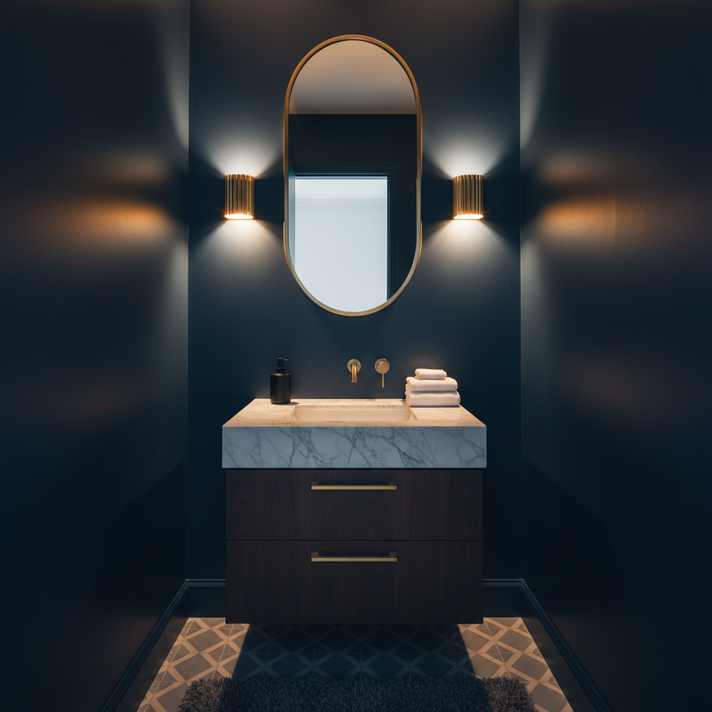 Moody dark small powder room with brass mirror and layered lighting