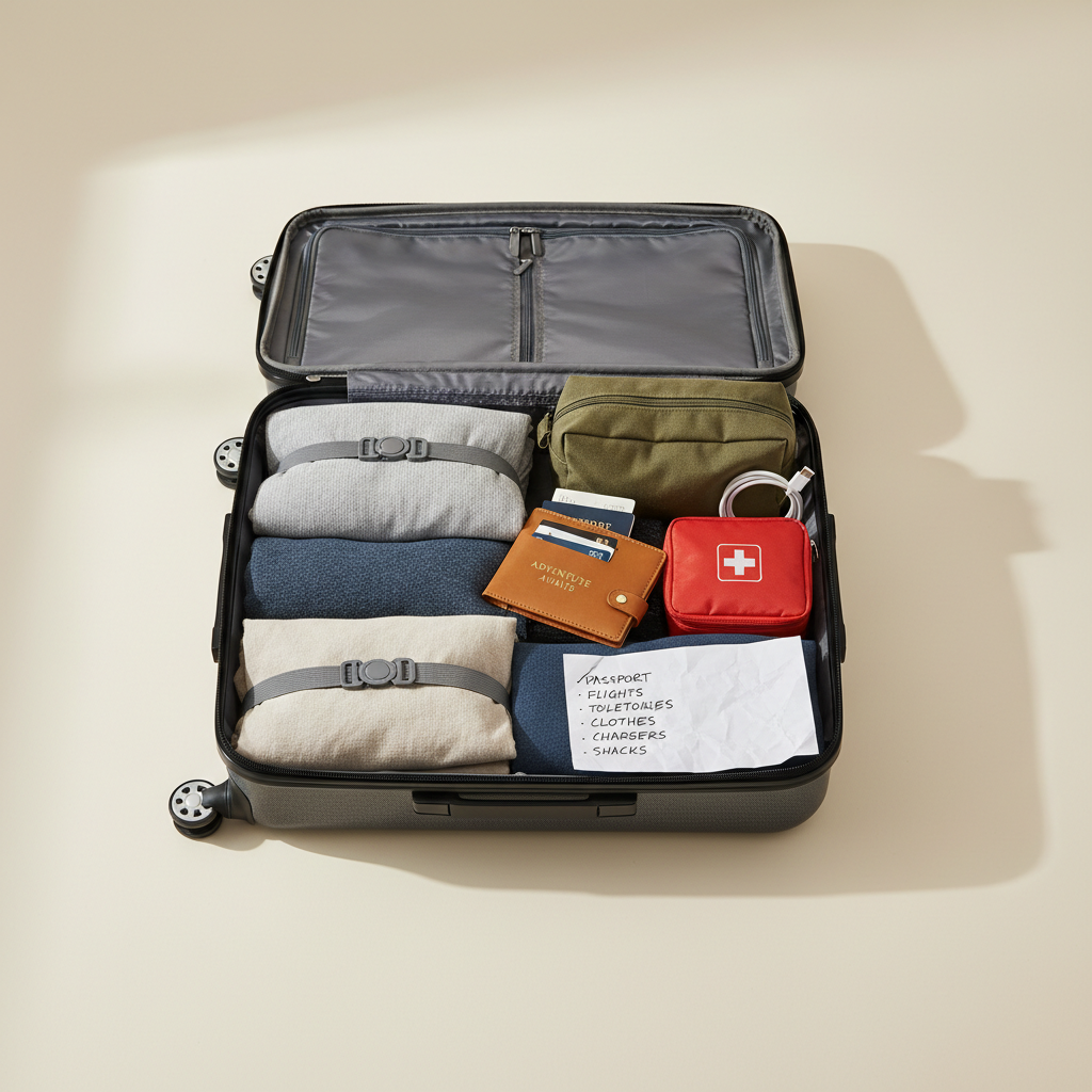 Carry-on suitcase packing layout with travel essentials for beginners