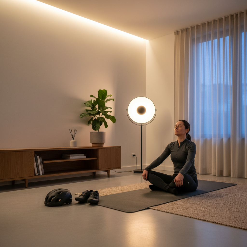Cyclist relaxing and stretching at home in the evening to support sleep and recovery