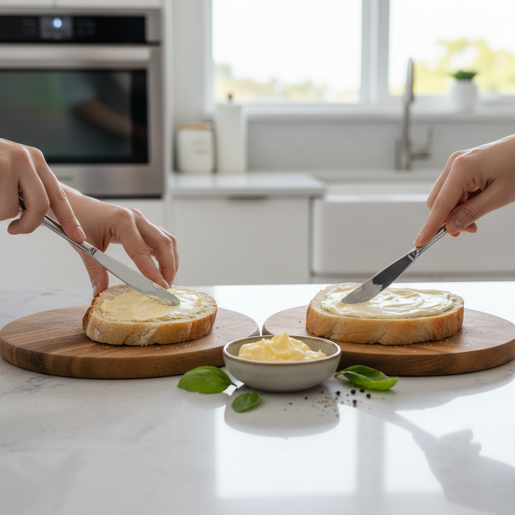 Spreading butter and mayonnaise on bread for crispy grilled cheese