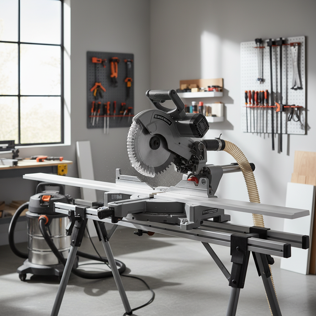 Miter saw cutting baseboard trim with clean finish cut