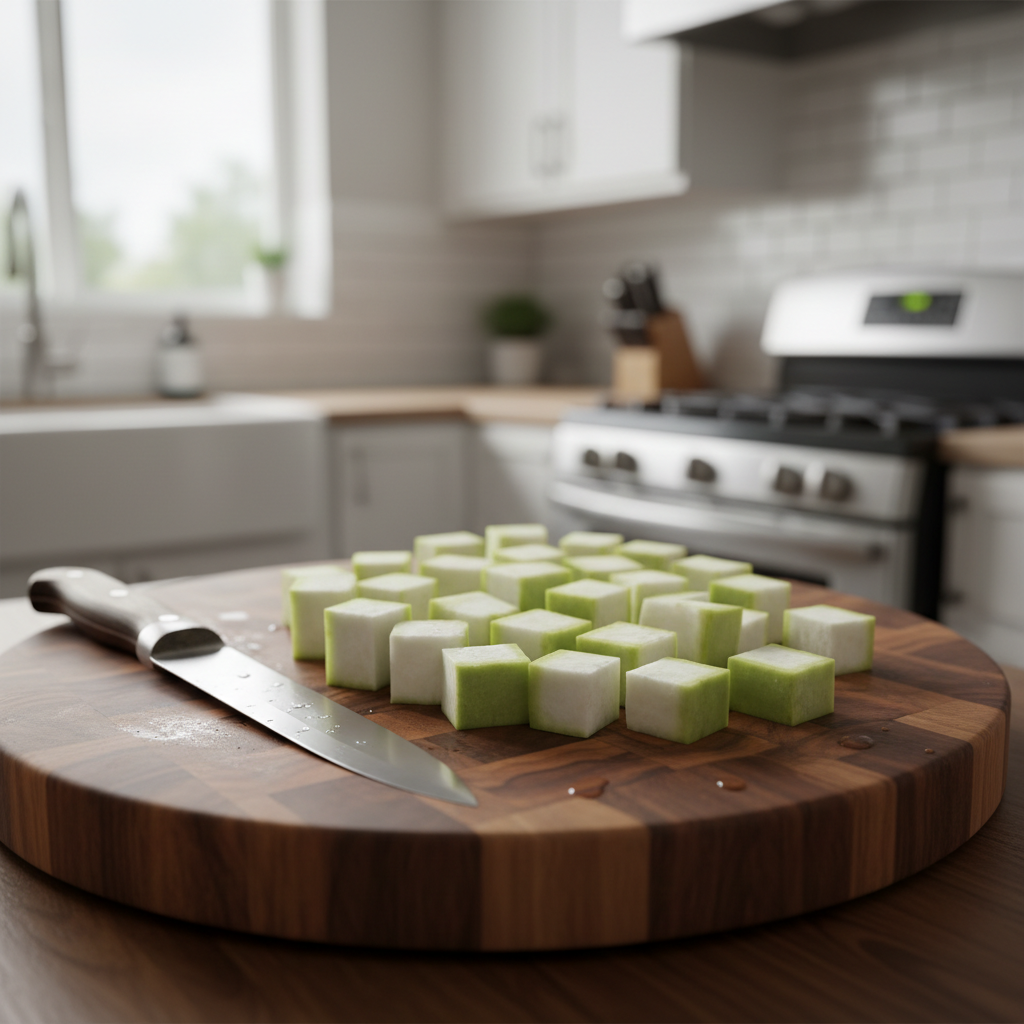 Chopped bottle gourd cubes on cutting board for lauki ki sabzi