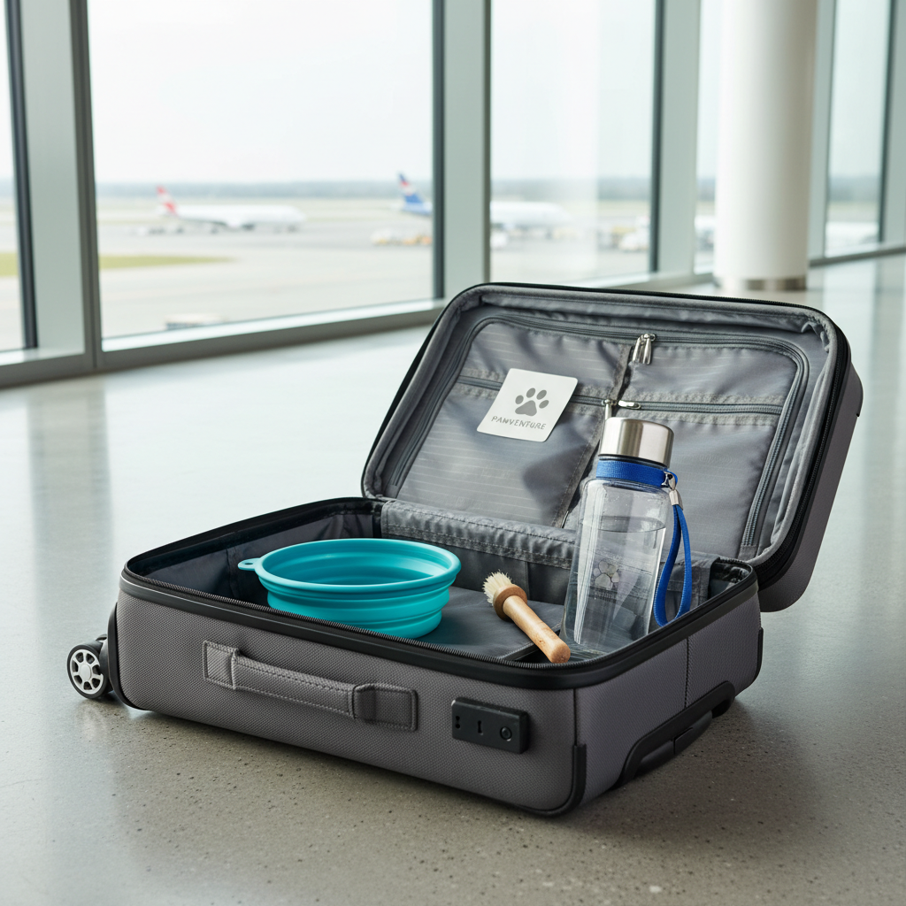 Collapsible pet bowl and travel water bottle packed neatly in a carry-on