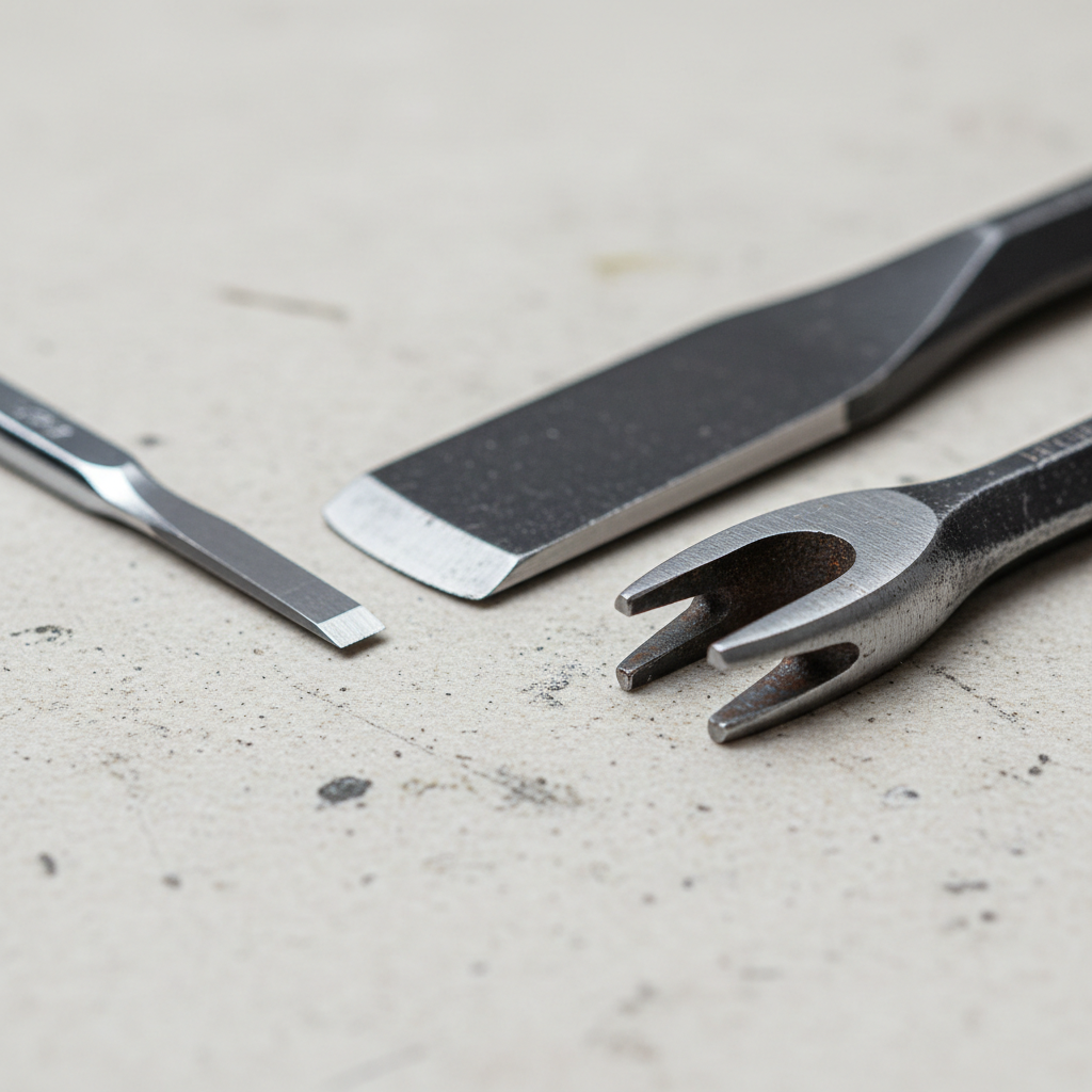 Close-up of pry bar tip geometry for demolition and nail pulling