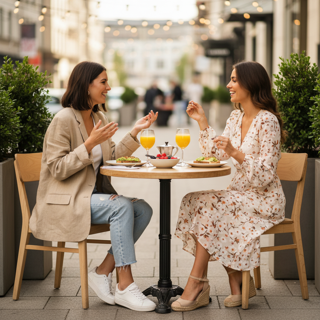 Women wearing modern brunch outfits at an outdoor cafe in daylight