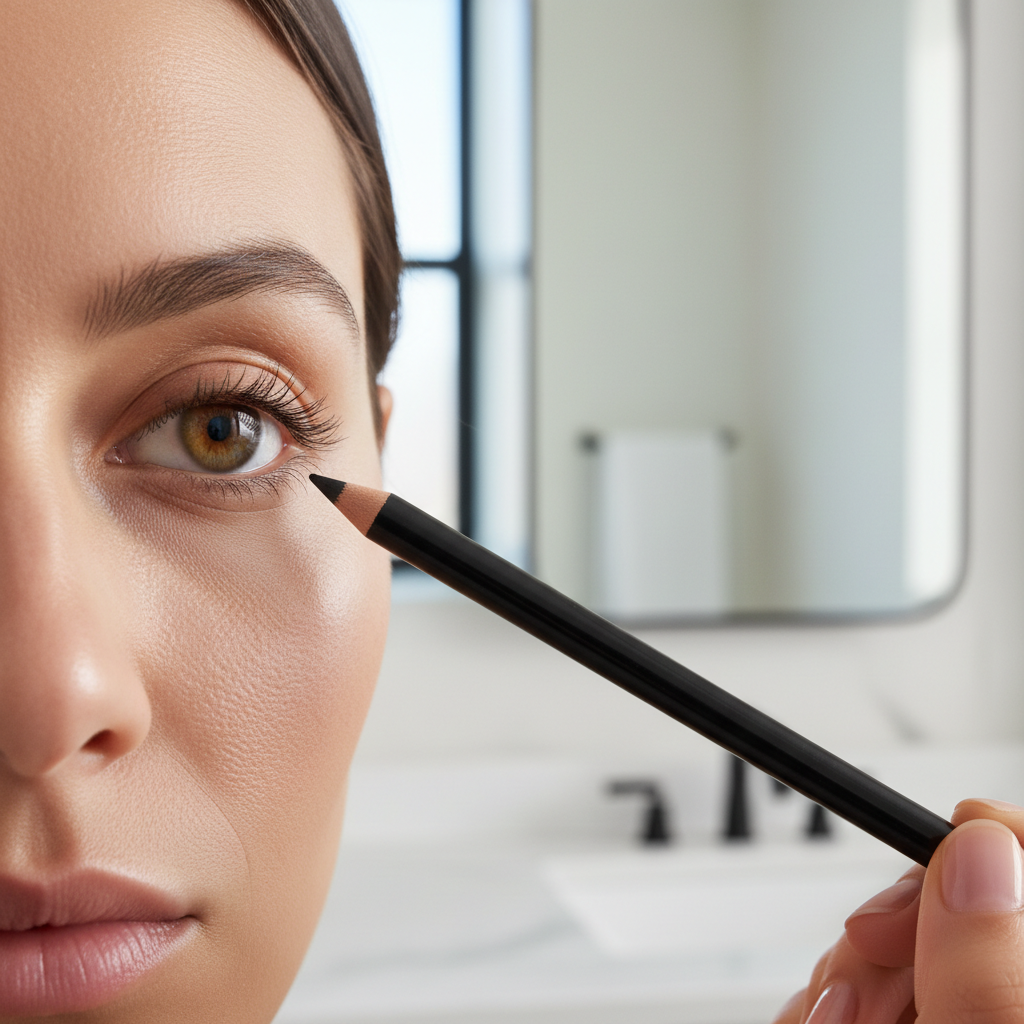 Close-up of applying eyeliner safely on the waterline