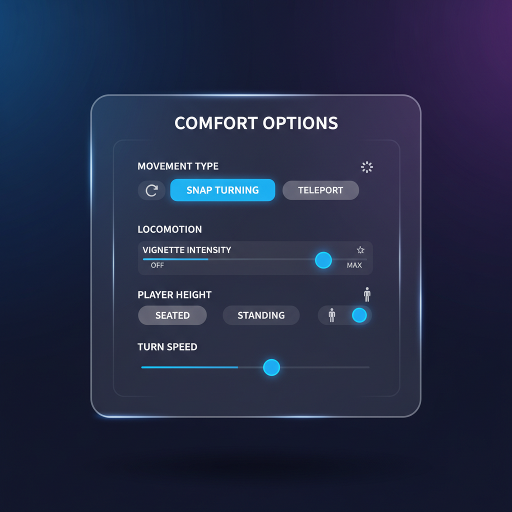 VR comfort settings menu showing snap turning, vignette, and teleport locomotion options