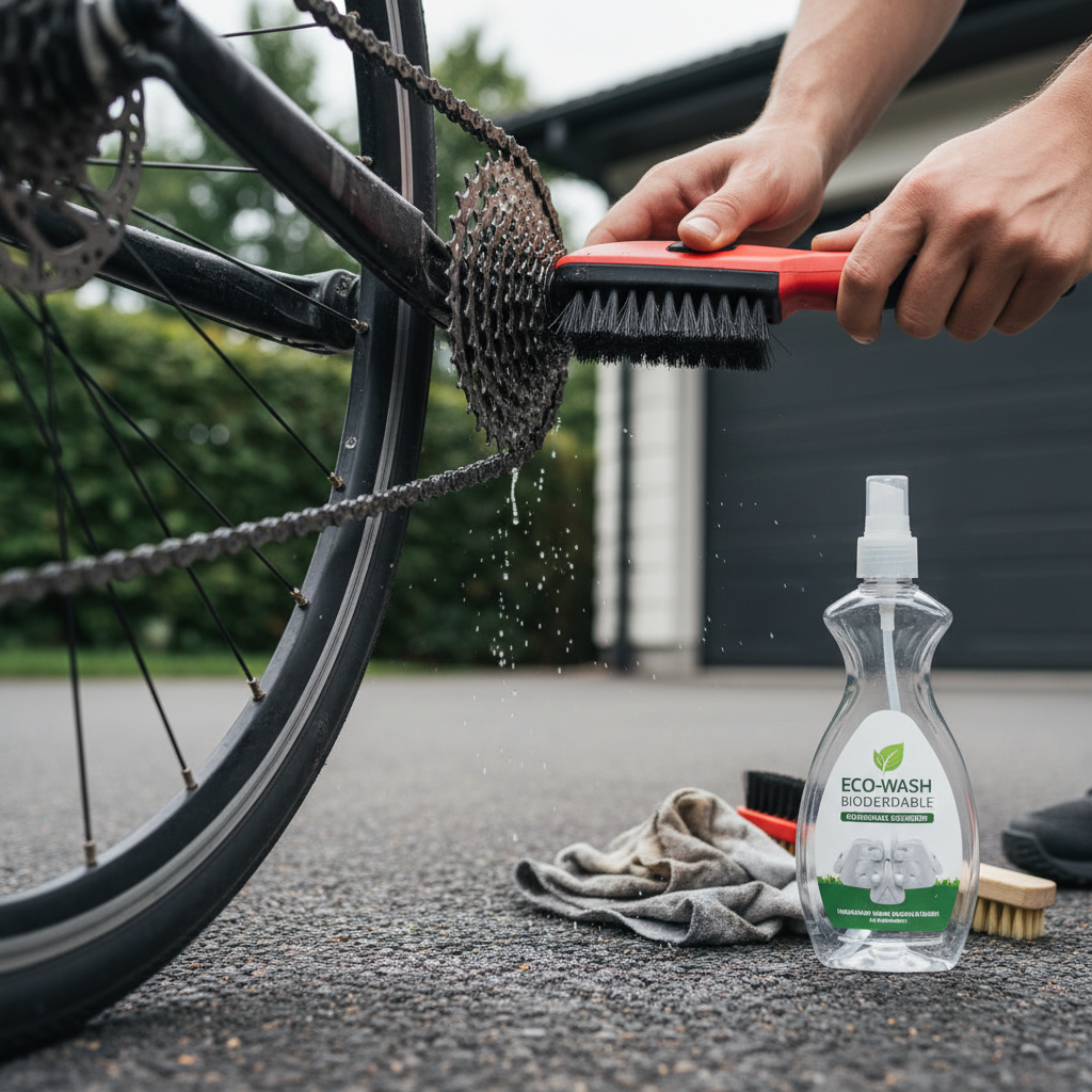 Cyclist cleaning a greasy bike chain and cassette with a drivetrain brush