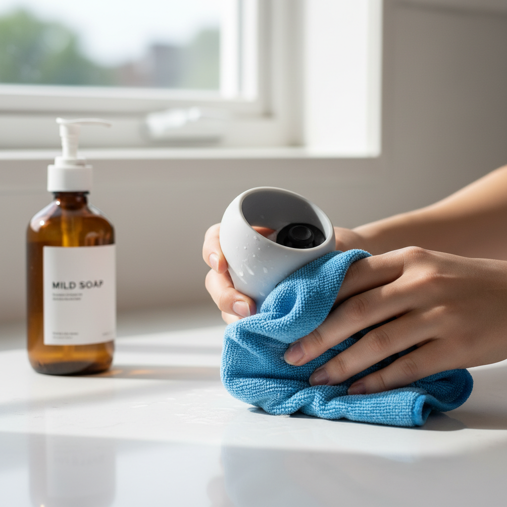 Cleaning silicone VR controller grips with a microfiber cloth and mild soap