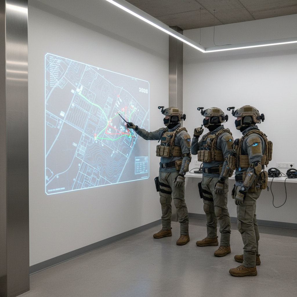 VR tactical shooter team planning a push on an objective map
