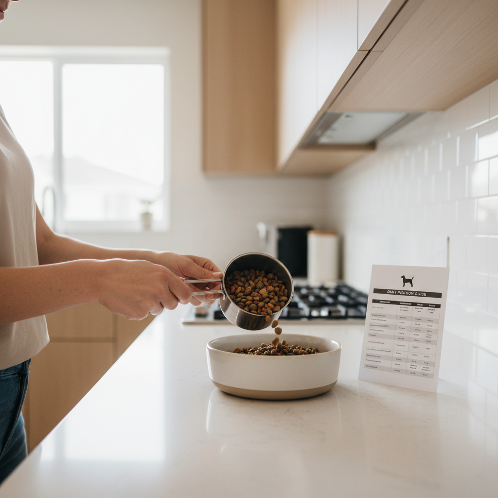 Measuring dog kibble with a cup on a kitchen counter for portion control