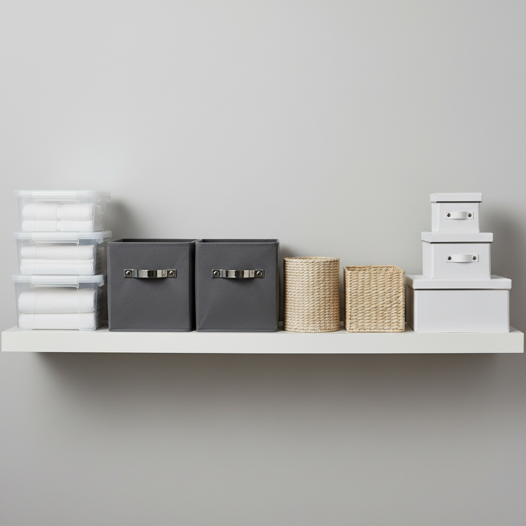 Different closet storage bin types: clear plastic, fabric cubes, and lidded bins