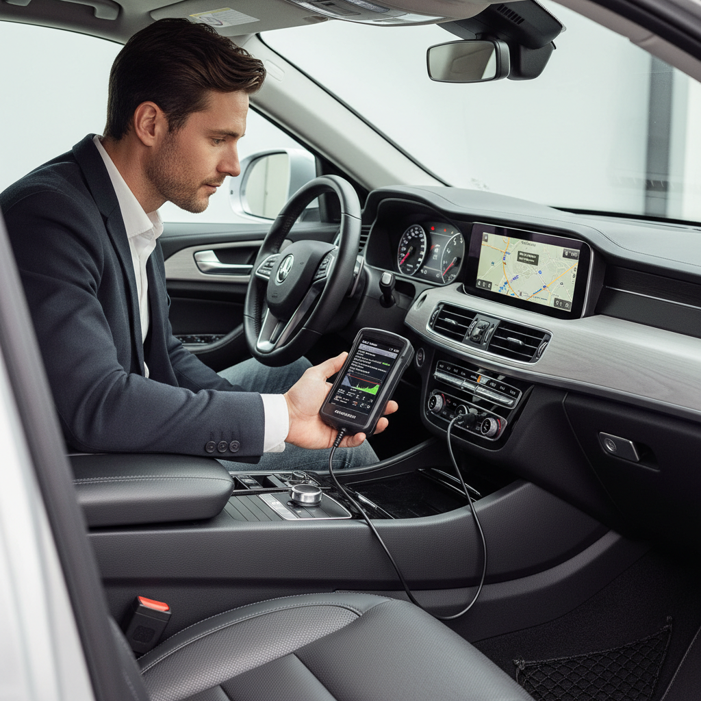 Driver using an OBD2 scanner to read check engine codes