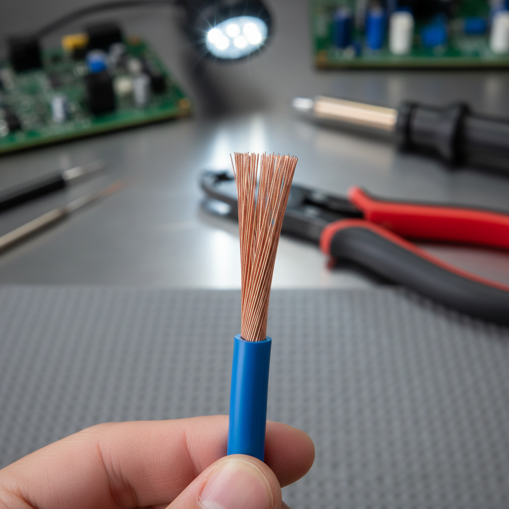 Inspecting a stripped stranded copper wire for missing strands and clean insulation edge