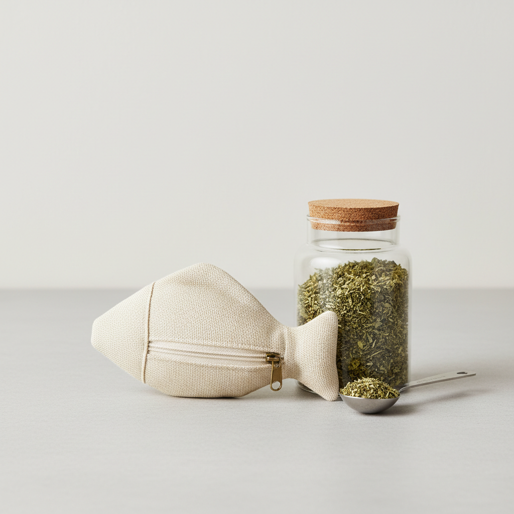 Refillable catnip toy and jar of dried catnip on tabletop