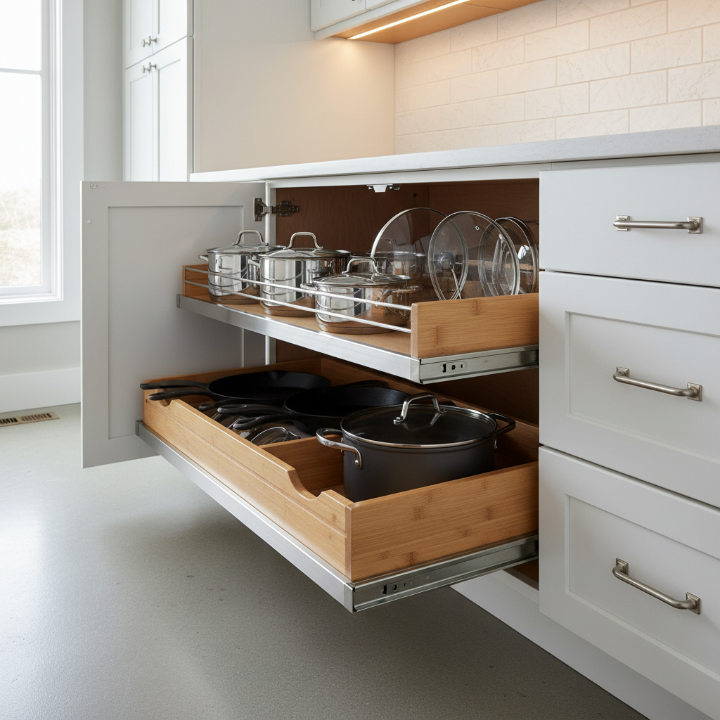 Deep base cabinet upgraded with pull-out shelf organizers for pots and pans