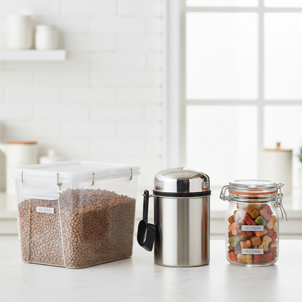 Comparison of plastic, stainless steel, and glass airtight pet food containers on a countertop