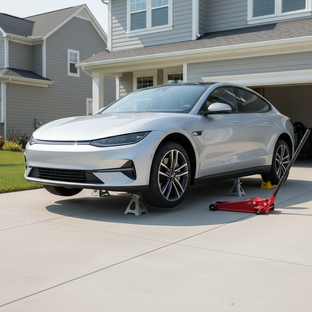 Car safely supported on jack stands with wheel chocks on a flat driveway