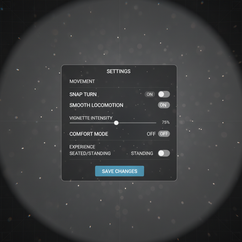 VR comfort settings menu with snap turn and vignette options