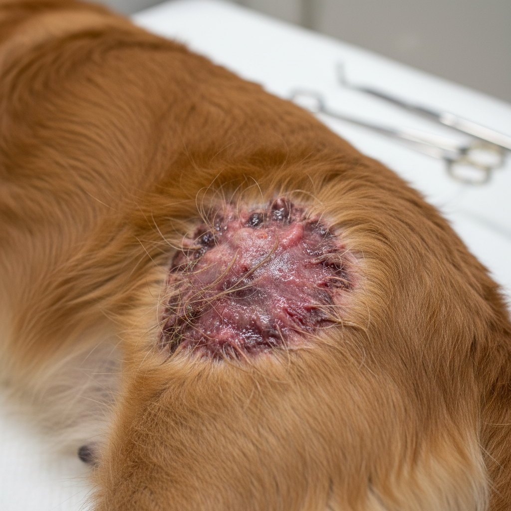 Close-up view of a dog hot spot on the skin before cleaning