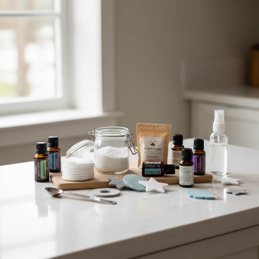 DIY homemade car air freshener supplies on a kitchen counter