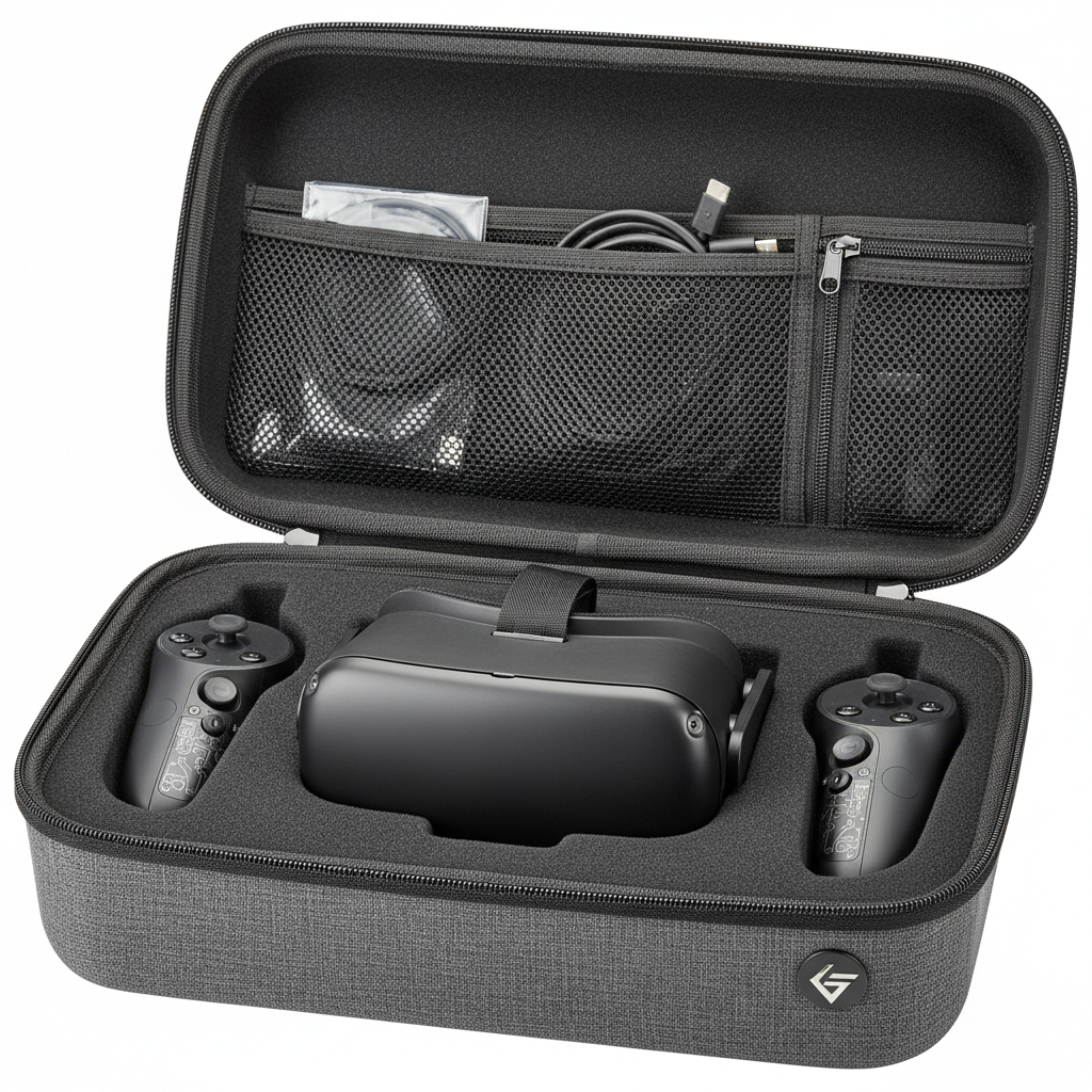 Close-up of a semi-hard VR travel case interior with molded compartments for Quest 3 accessories