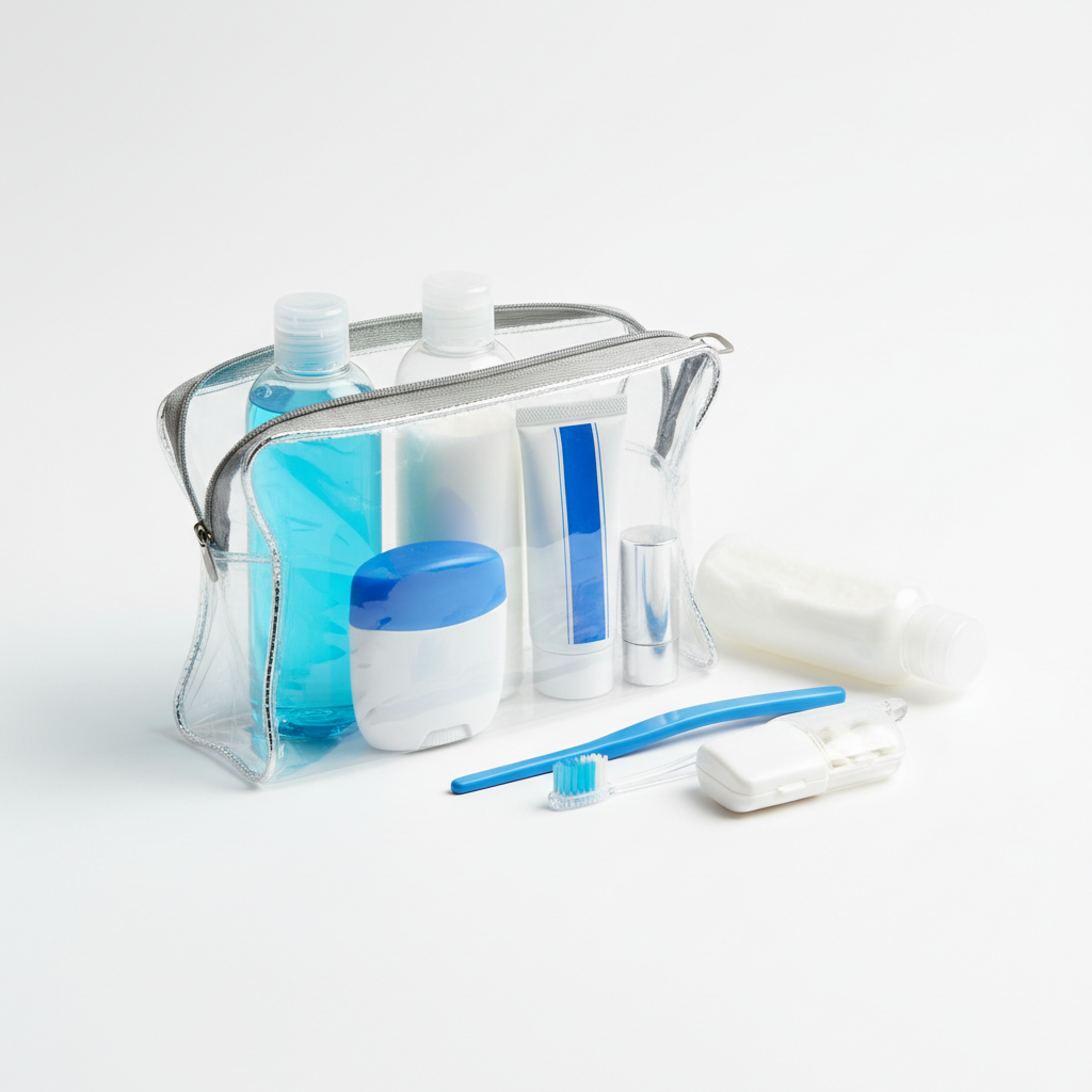 TSA-friendly travel toiletry bottles and solids in a clear quart bag