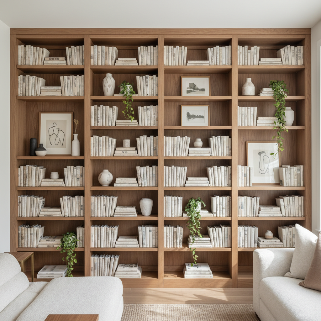 Stylishly decorated living room bookshelf with books, vases, and framed art