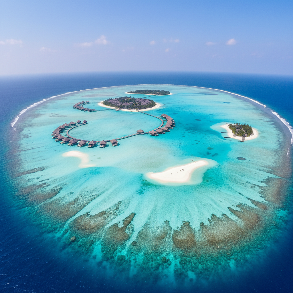 Aerial view of Maldives resort islands and turquoise lagoons for trip planning